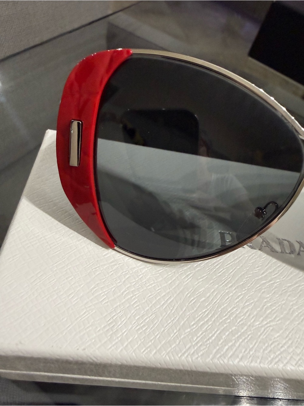 Prada Silver Frame Sunglasses with Red Side Accents - Picture 7 of 8